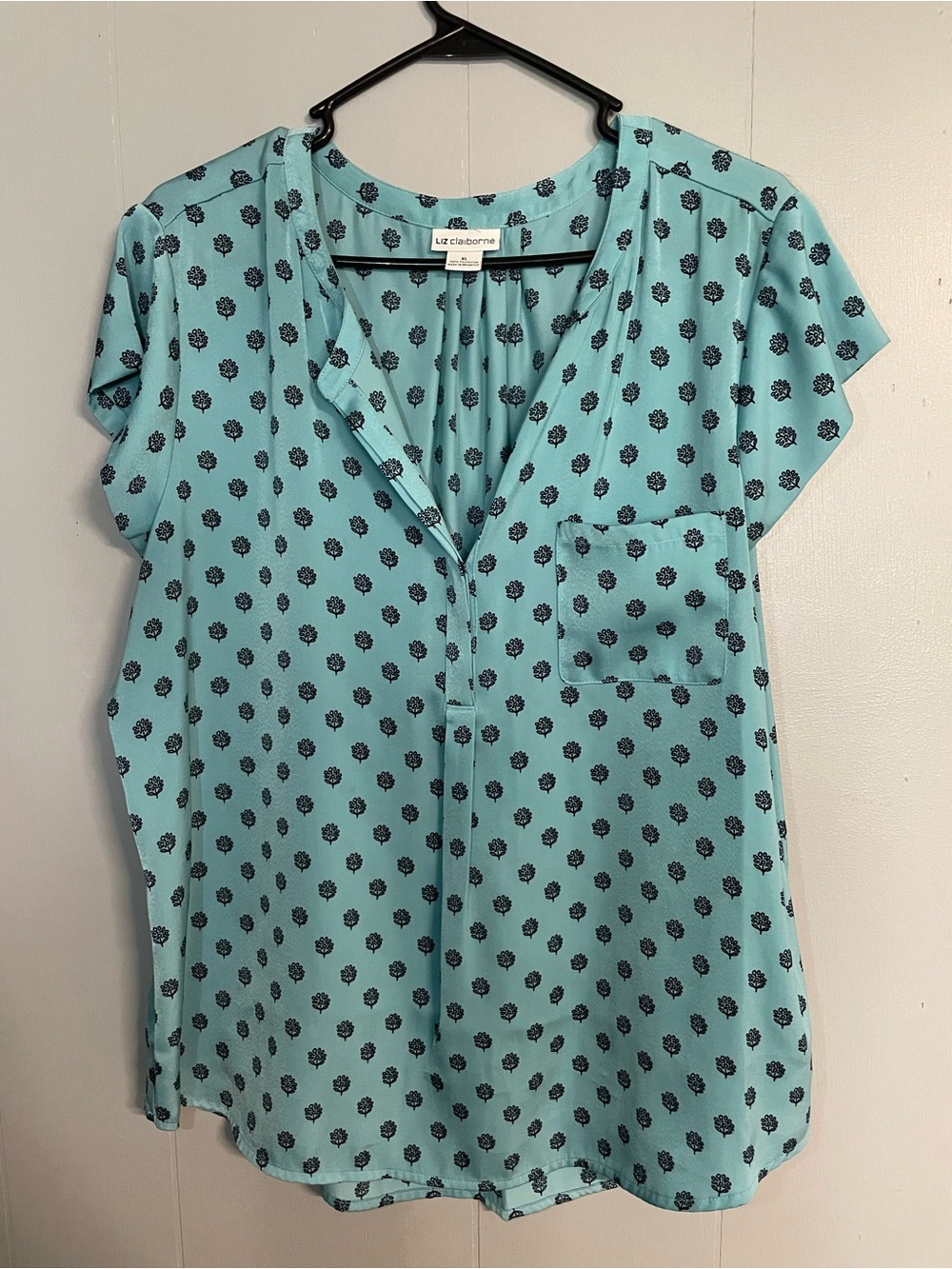 Liz Claiborne Aqua Blue Floral-Print Short-Sleeve Blouse